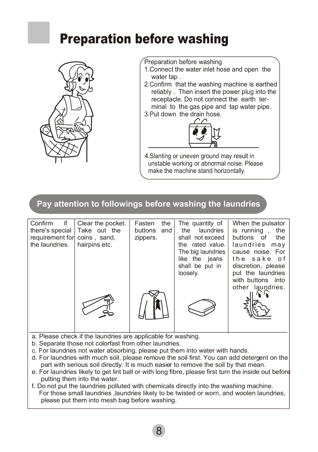 Haier HWM6815 user manual Preparation before washing, Put down the drain hose 