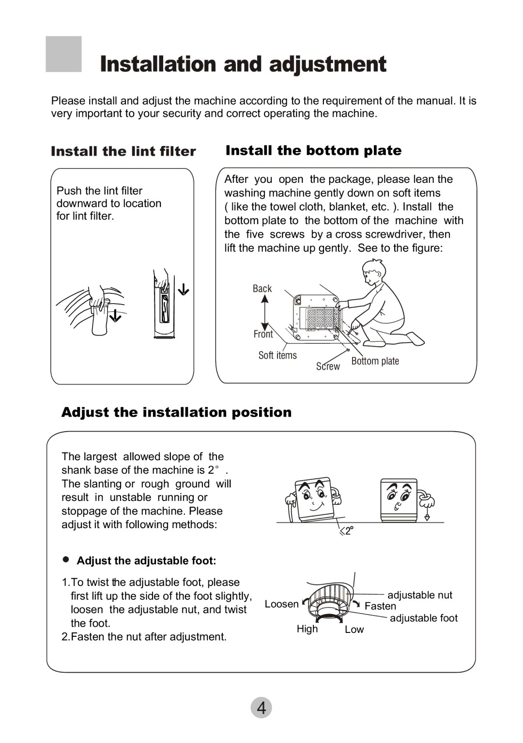 Haier HWM6815 user manual Installation and adjustment, Install the bottom plate, Adjust the installation position 