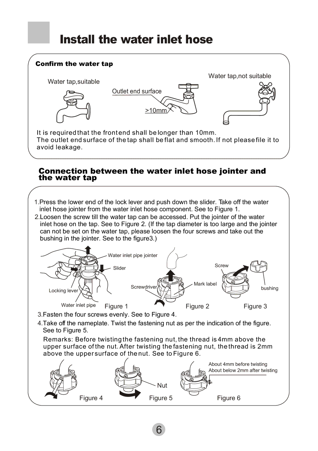 Haier HWM6815 user manual Install the water inlet hose, Confirm the water tap 