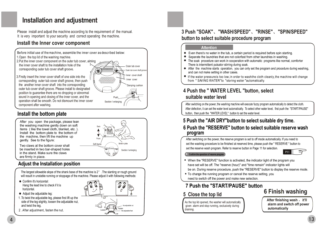 Haier HWM70-0588 user manual Installation and adjustment, Install the Inner cover component, Close the top lid 