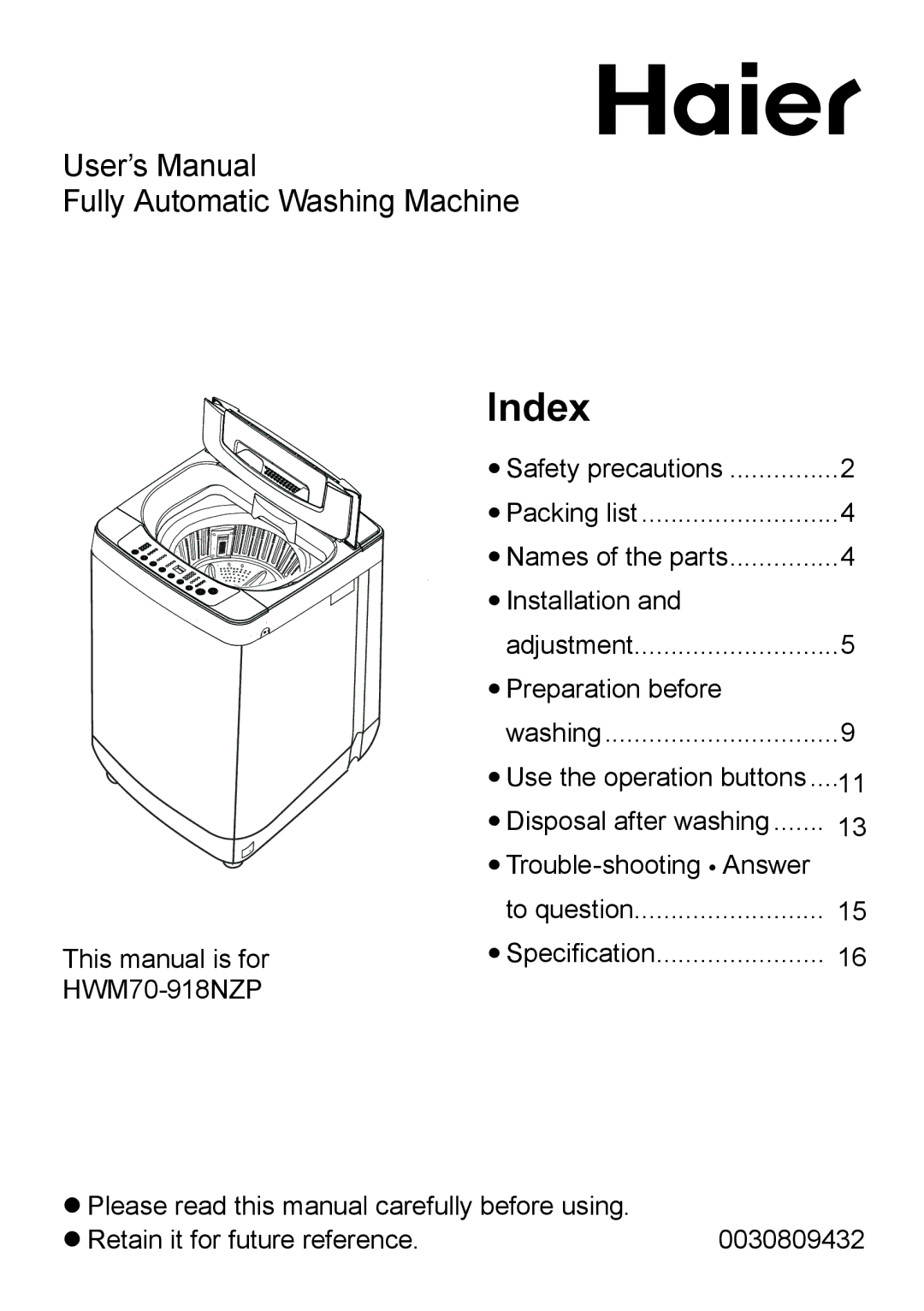 Haier HWM70-918NZP user manual Index 