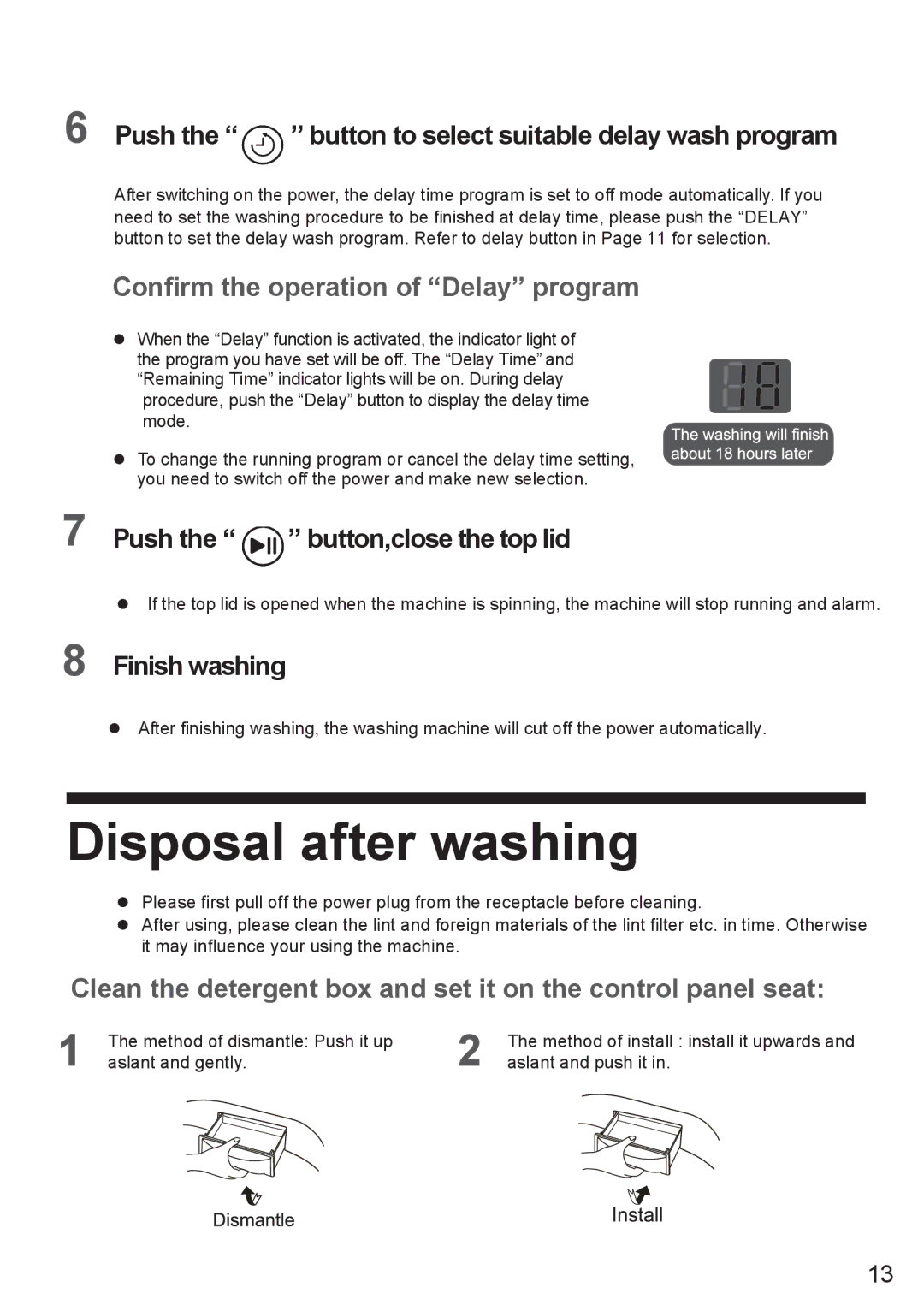 Haier HWM70-918NZP user manual Disposal after washing, Conﬁrm the operation of Delay program 