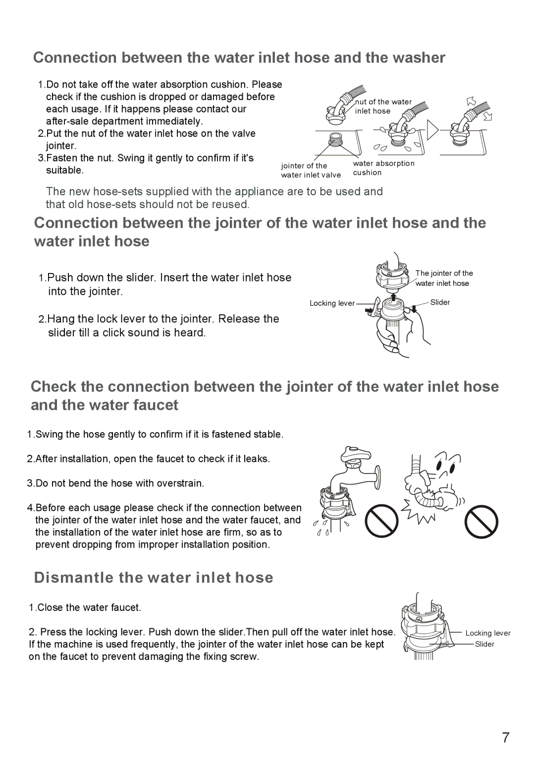 Haier HWM70-918NZP user manual Connection between the water inlet hose and the washer, Dismantle the water inlet hose 