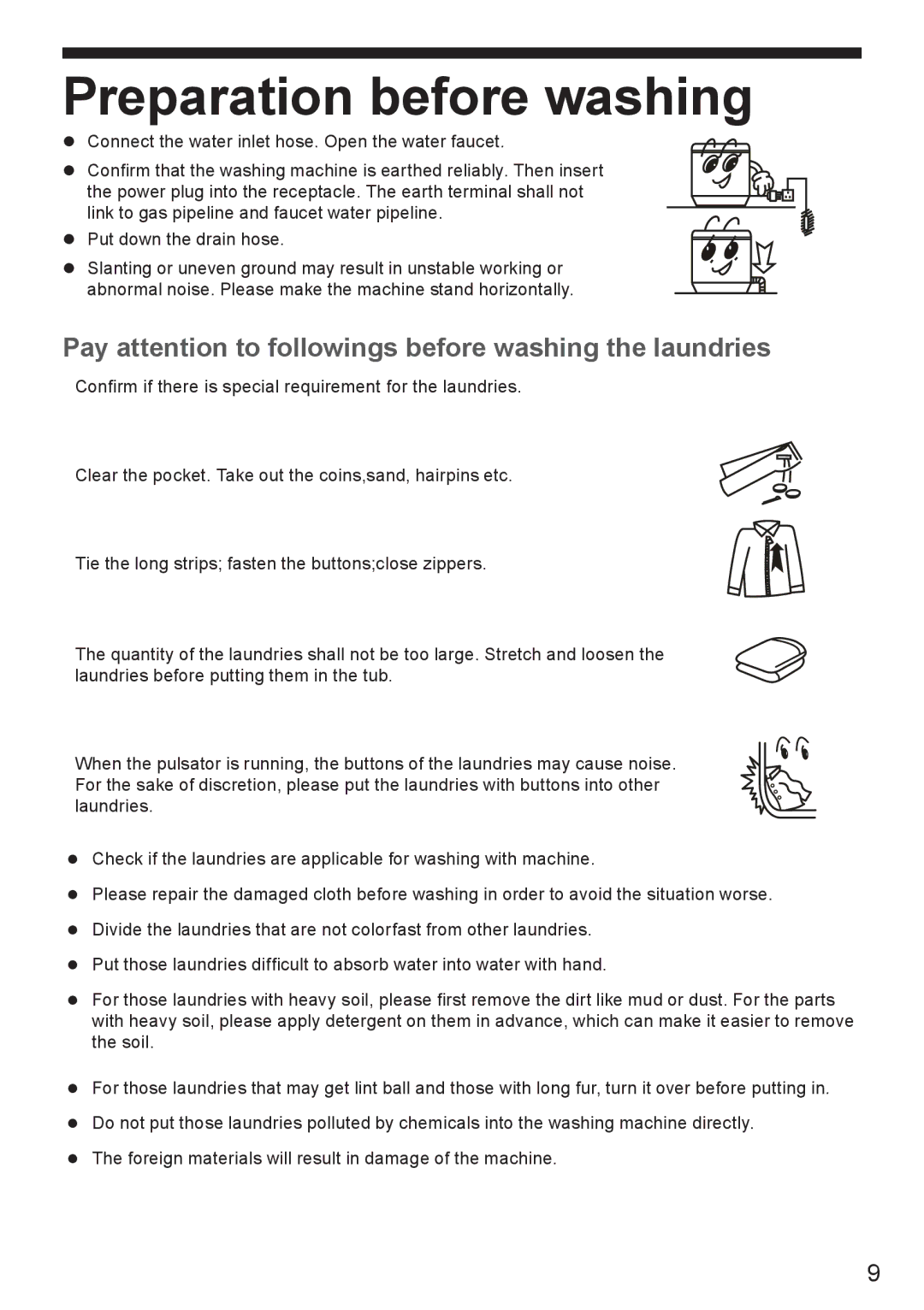 Haier HWM70-918NZP user manual Preparation before washing, Pay attention to followings before washing the laundries 