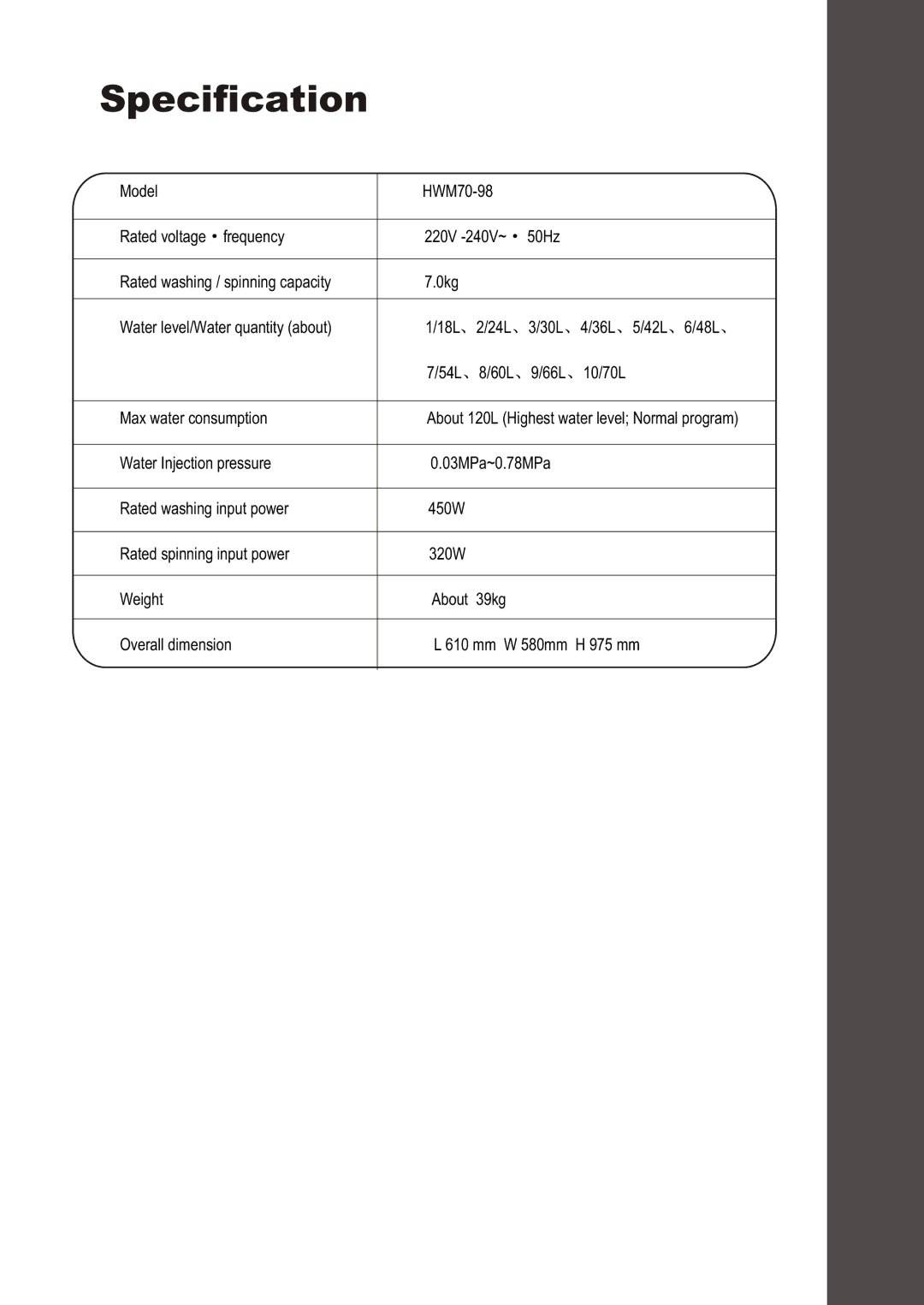 Haier HWM70-98 user manual Specification 