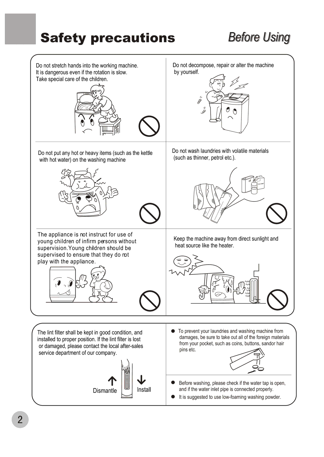 Haier HWM70-98 user manual Safety precautions, Dismantle Install 