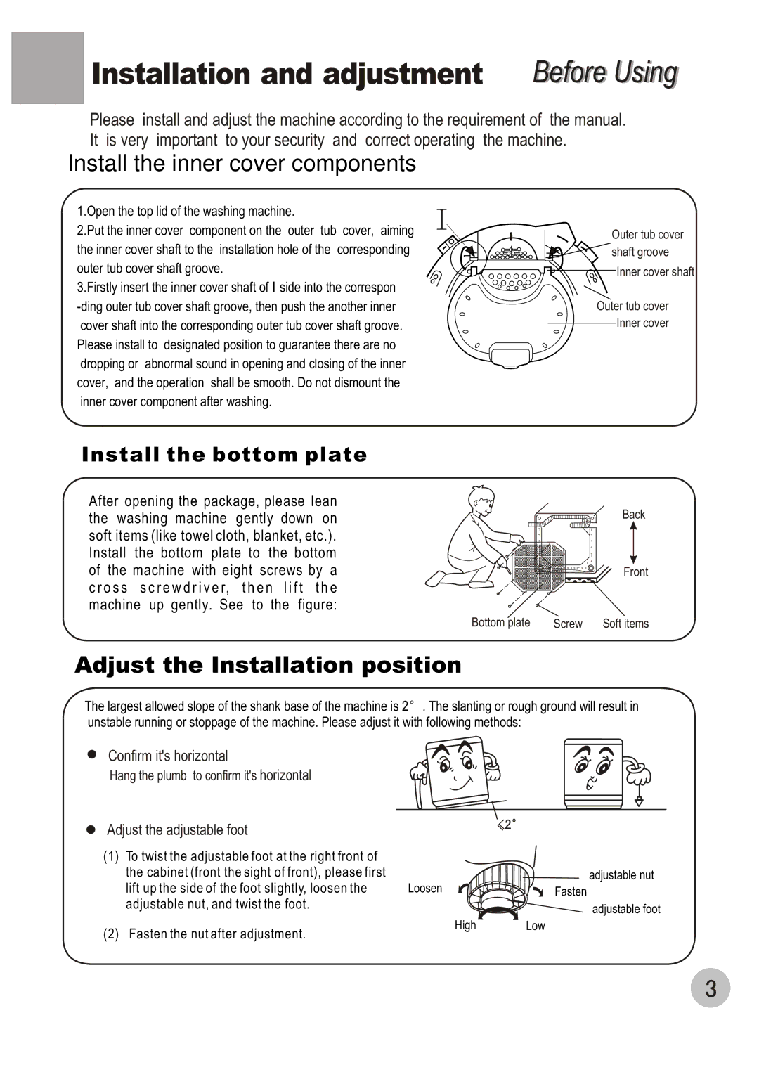 Haier HWM70-98 user manual Installation and adjustment Before Usingi, Install the inner cover components 