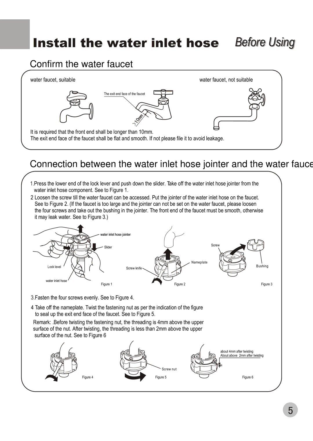 Haier HWM70-98 user manual Install the water inlet hose Before Usingi, Confirm the water faucet 