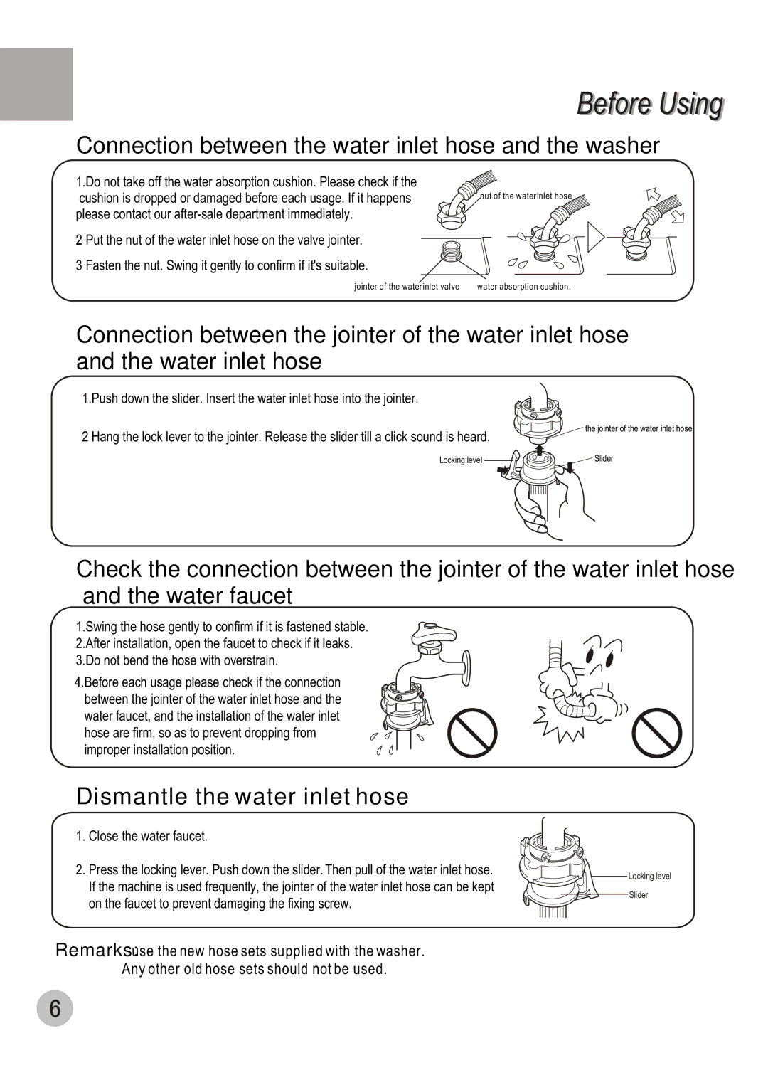 Haier HWM70-98 user manual Connection between the water inlet hose and the washer, Dismantle the water inlet hose 