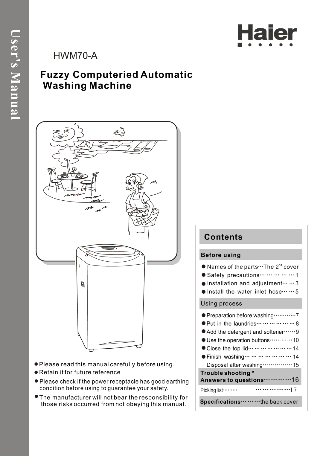 Haier HWM70-A user manual Fuzzy Computeried Automatic Washing Machine 