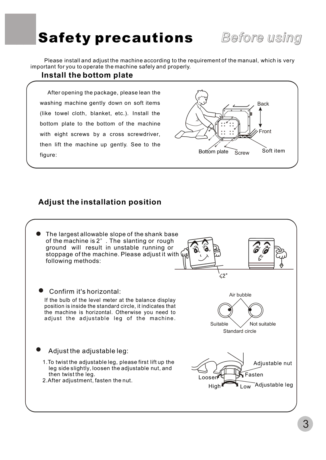 Haier HWM70-A user manual Install the bottom plate, Adjust the installation position, Confirm its horizontal 