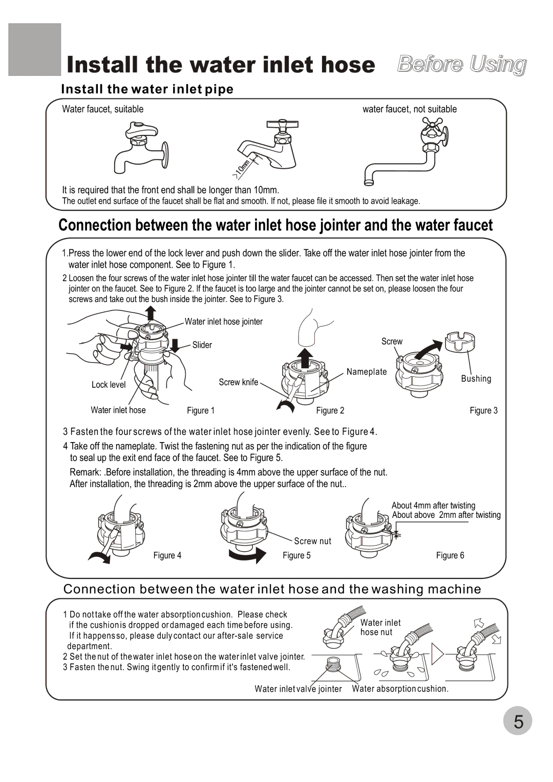 Haier HWM70-A user manual Install the water inlet hose Before Using, Install the water inlet pipe 