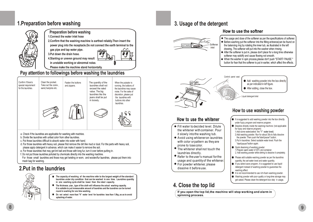 Haier HWM75-0528 A user manual Pay attention to followings before washing the laundries, How to use the whitener 