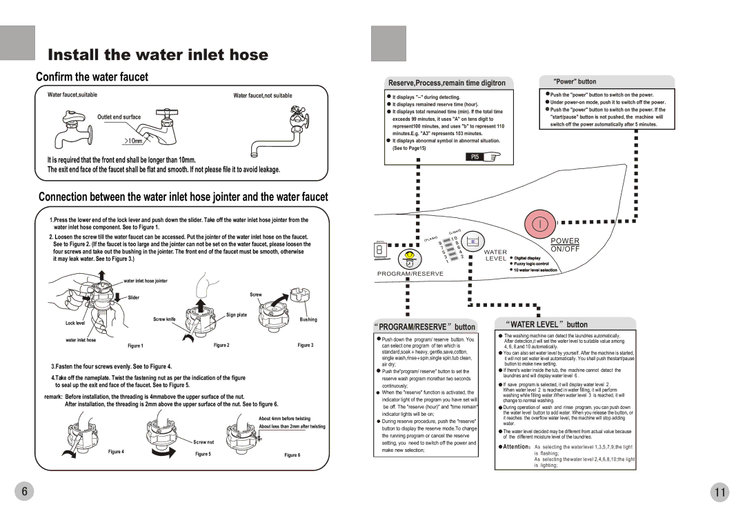 Haier HWM75-0528 A user manual Install the water inlet hose, Confirm the water faucet, Reserve,Process,remain time digitron 