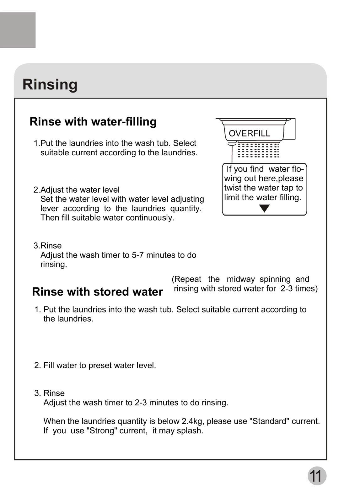 Haier HWM75-113S user manual Rinsing, Rinse with water-filling 