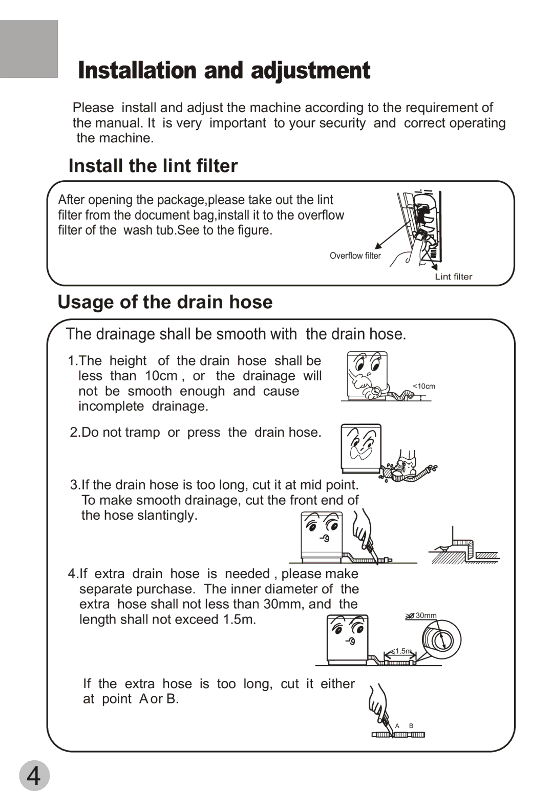 Haier HWM75-113S user manual Installation and adjustment, Install the lint filter 