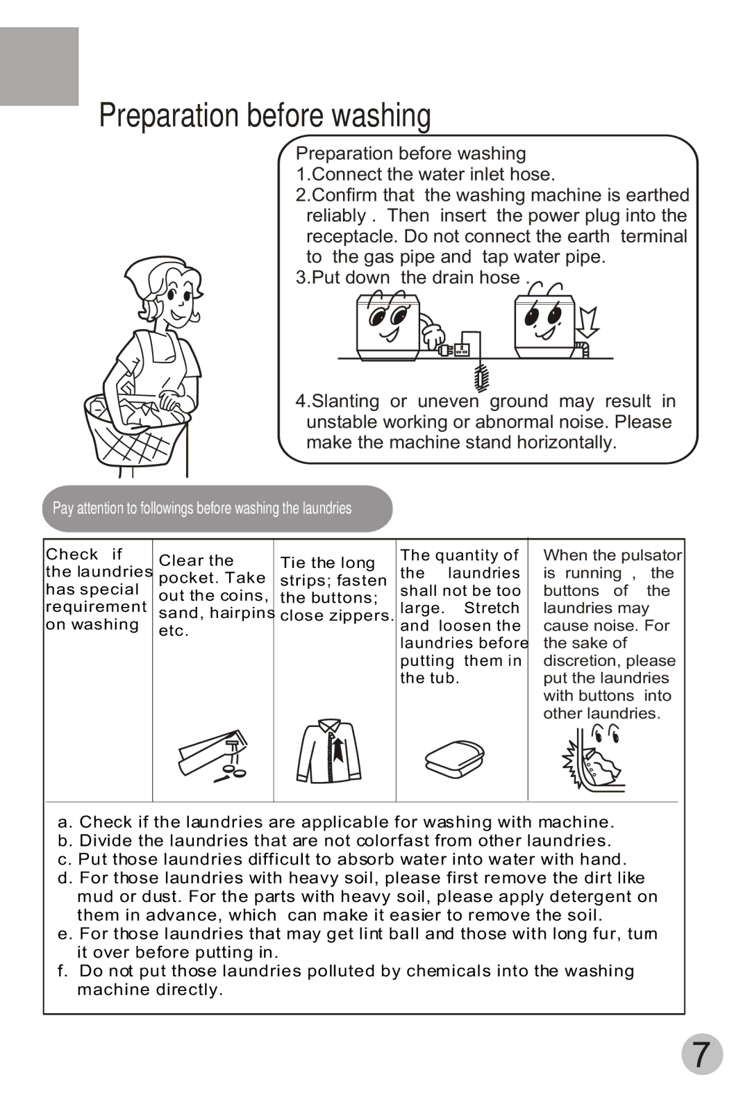 Haier HWM75-113S user manual Preparation before washing, Pay attention to followings before washing the laundries 