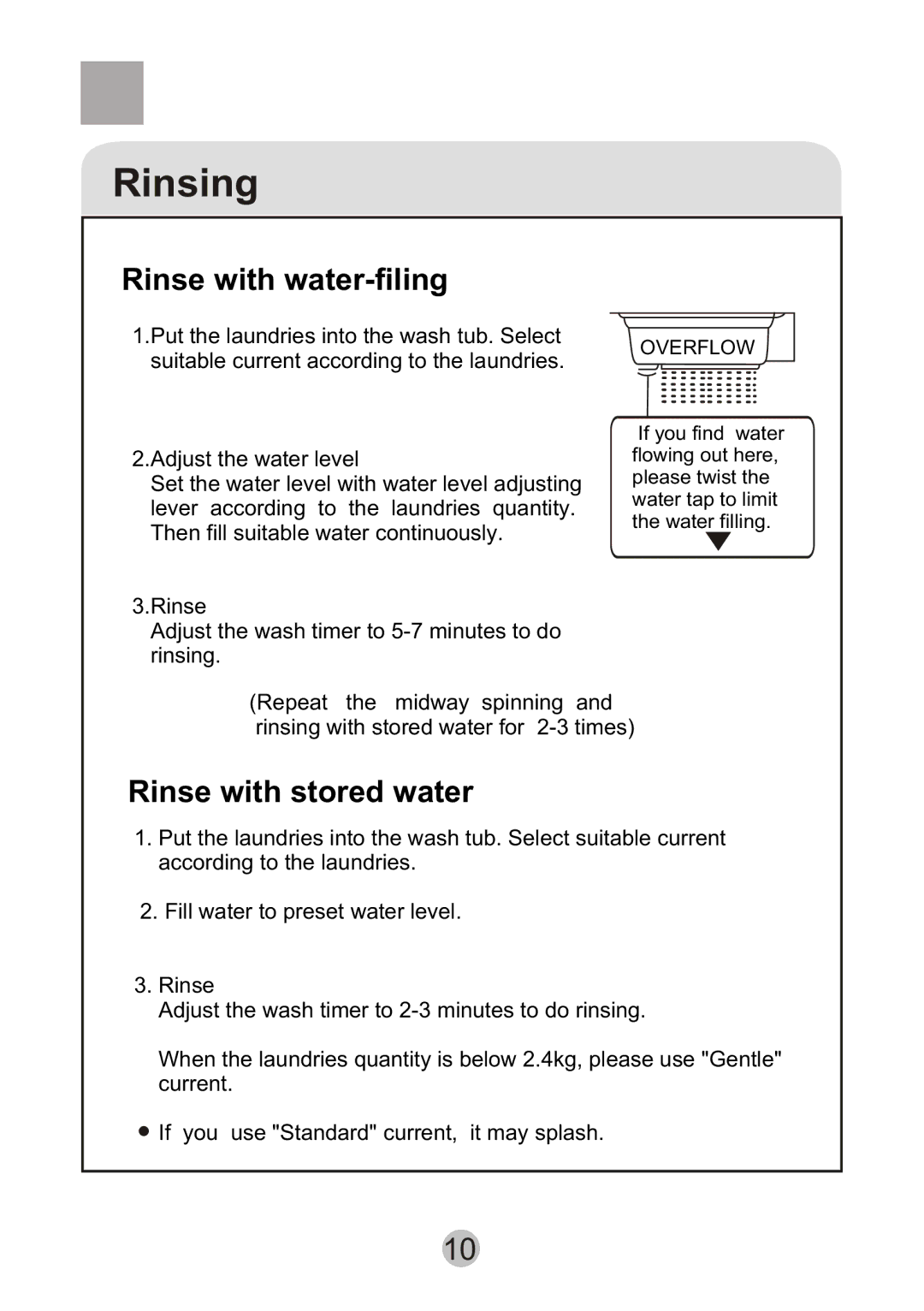 Haier HWM75-276S user manual Rinsing, Rinse with water-filing 