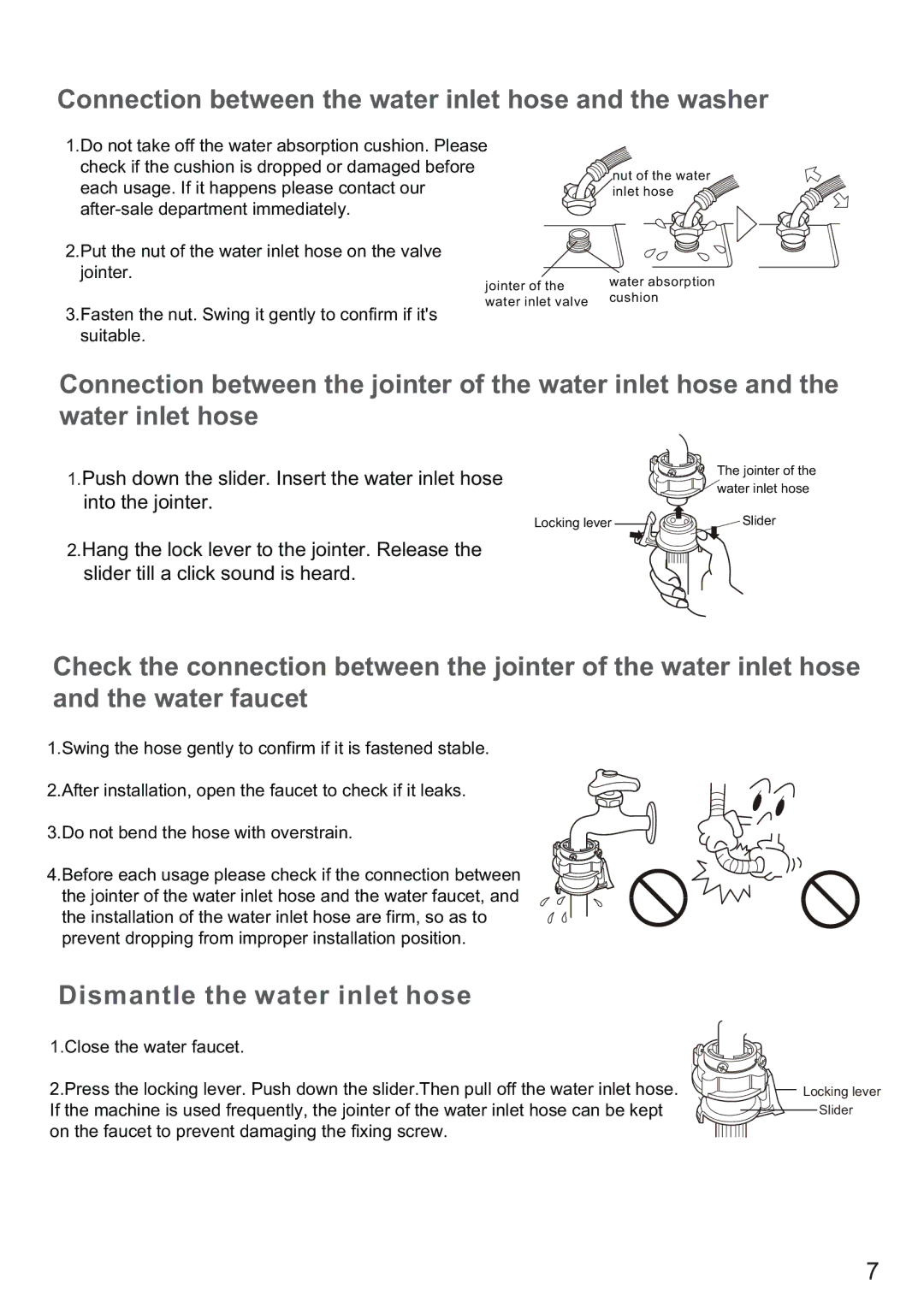 Haier HWM75-7288 user manual Connection between the water inlet hose and the washer, Dismantle the water inlet hose 