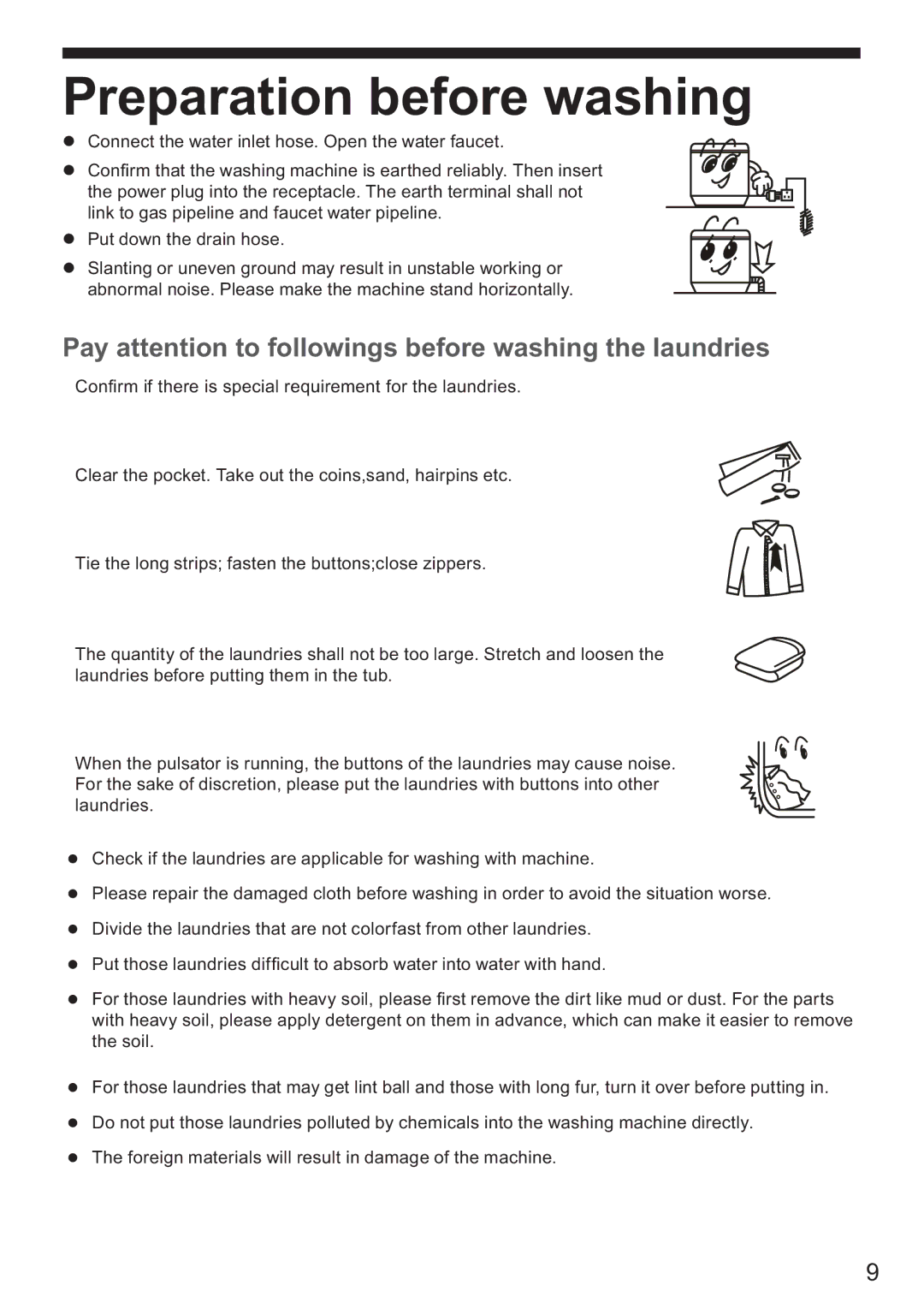 Haier HWM75-7288 user manual Preparation before washing, Pay attention to followings before washing the laundries 