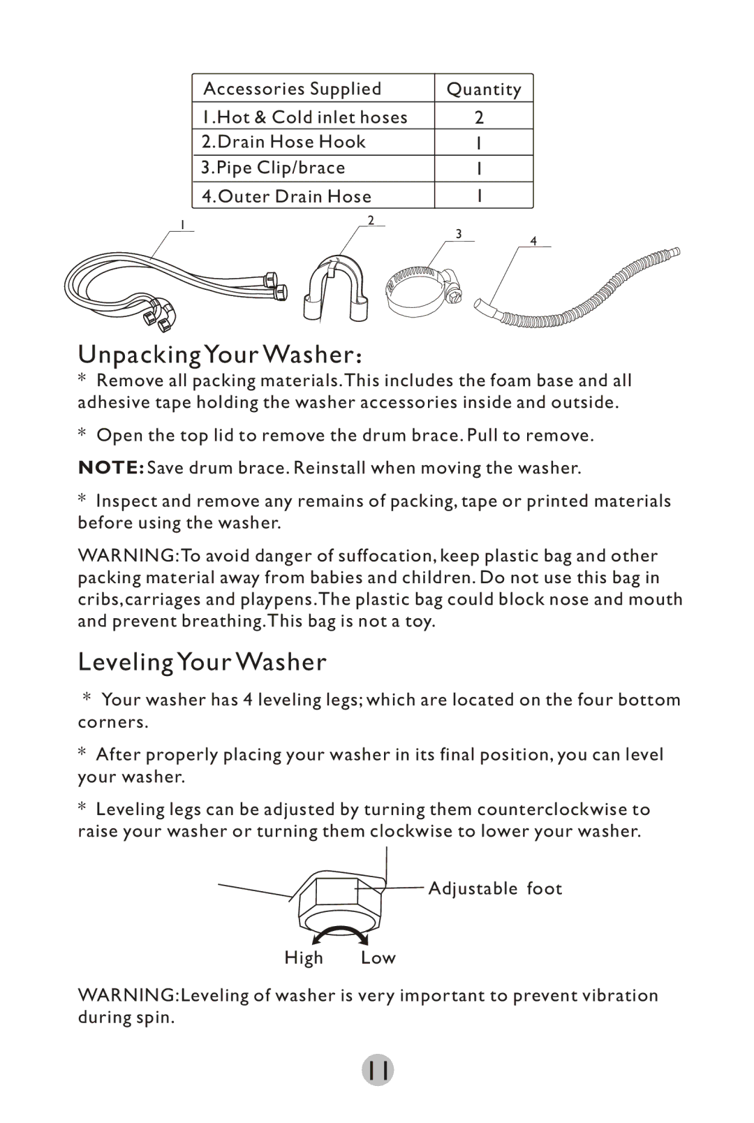 Haier HWM75TLU manual Unpacking Your Washer：, Leveling Your Washer 