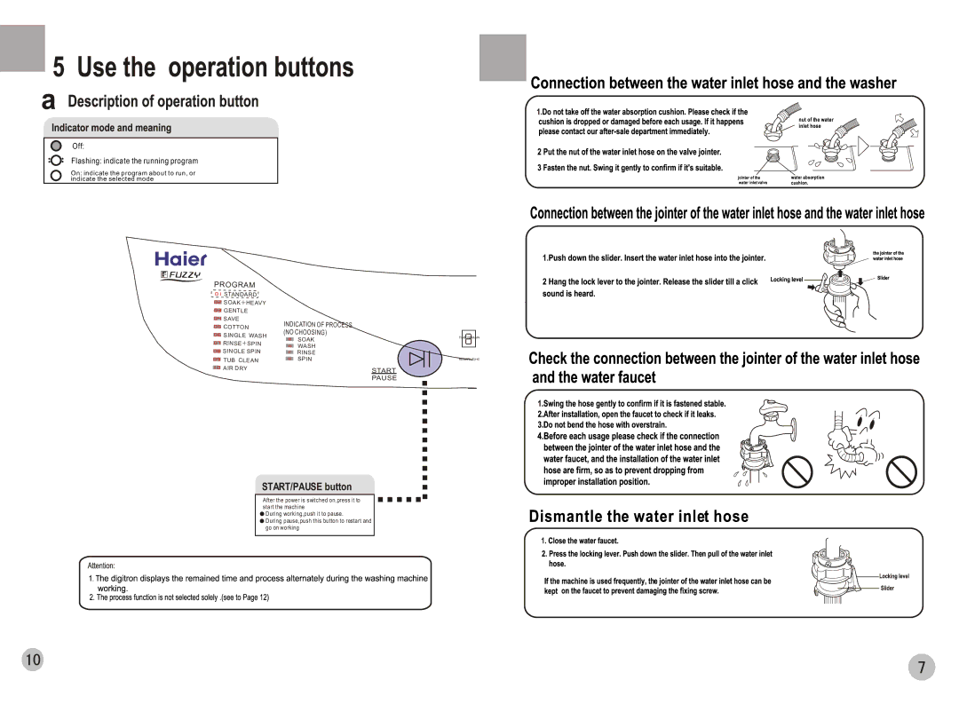 Haier HWM78-0528T user manual START/PAUSE button, Off Flashing indicate the running program 