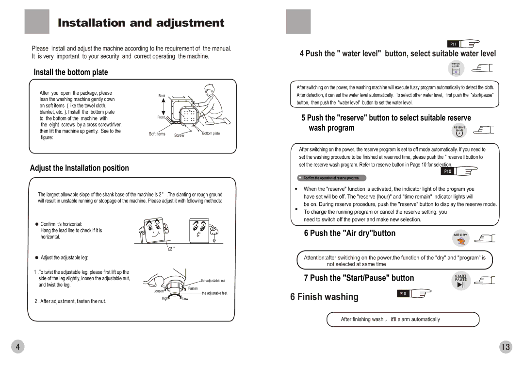 Haier HWM80-0566 Installation and adjustment, Push the water level button, select suitable water level, Wash program 