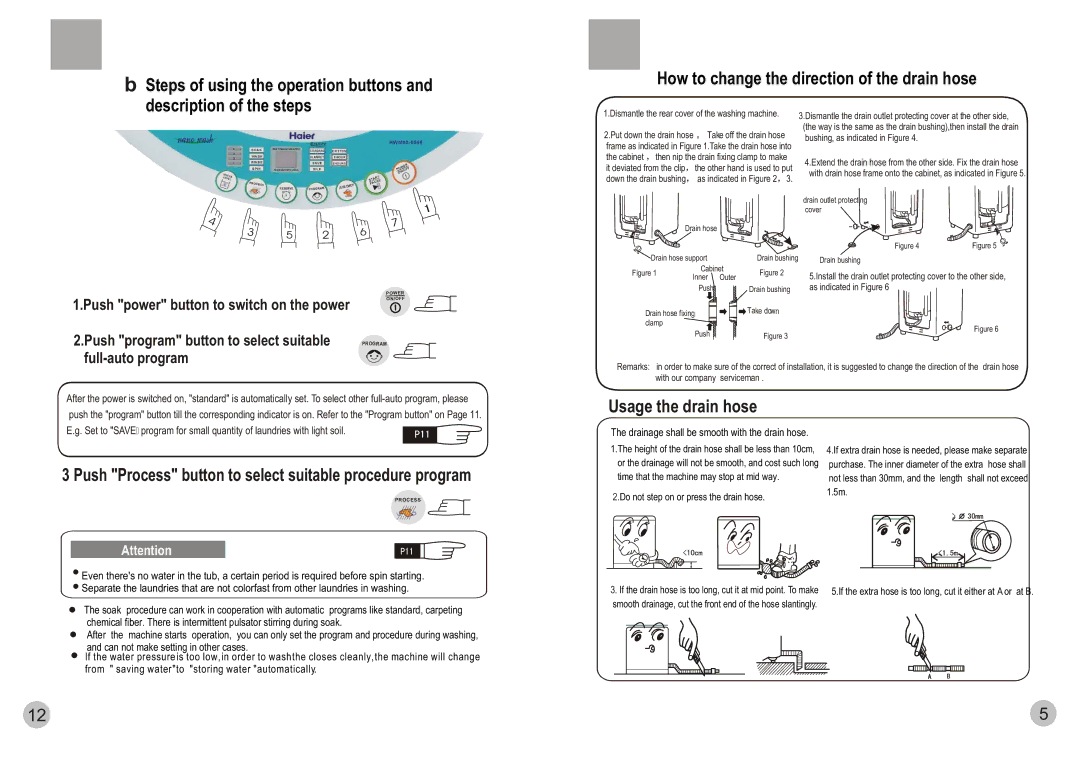 Haier HWM80-0566 user manual Description of the steps, How to change the direction of the drain hose, Usage the drain hose 