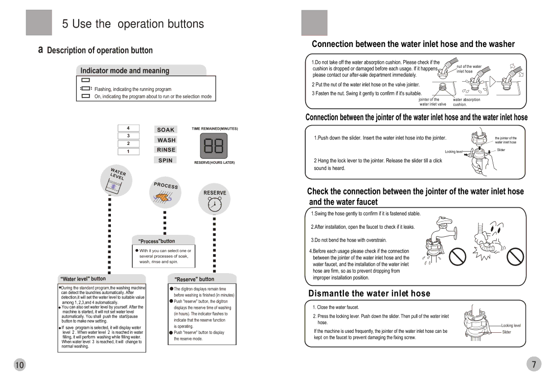 Haier HWM80-0566 user manual Use the operation buttons, Description of operation button, Dismantle the water inlet hose 