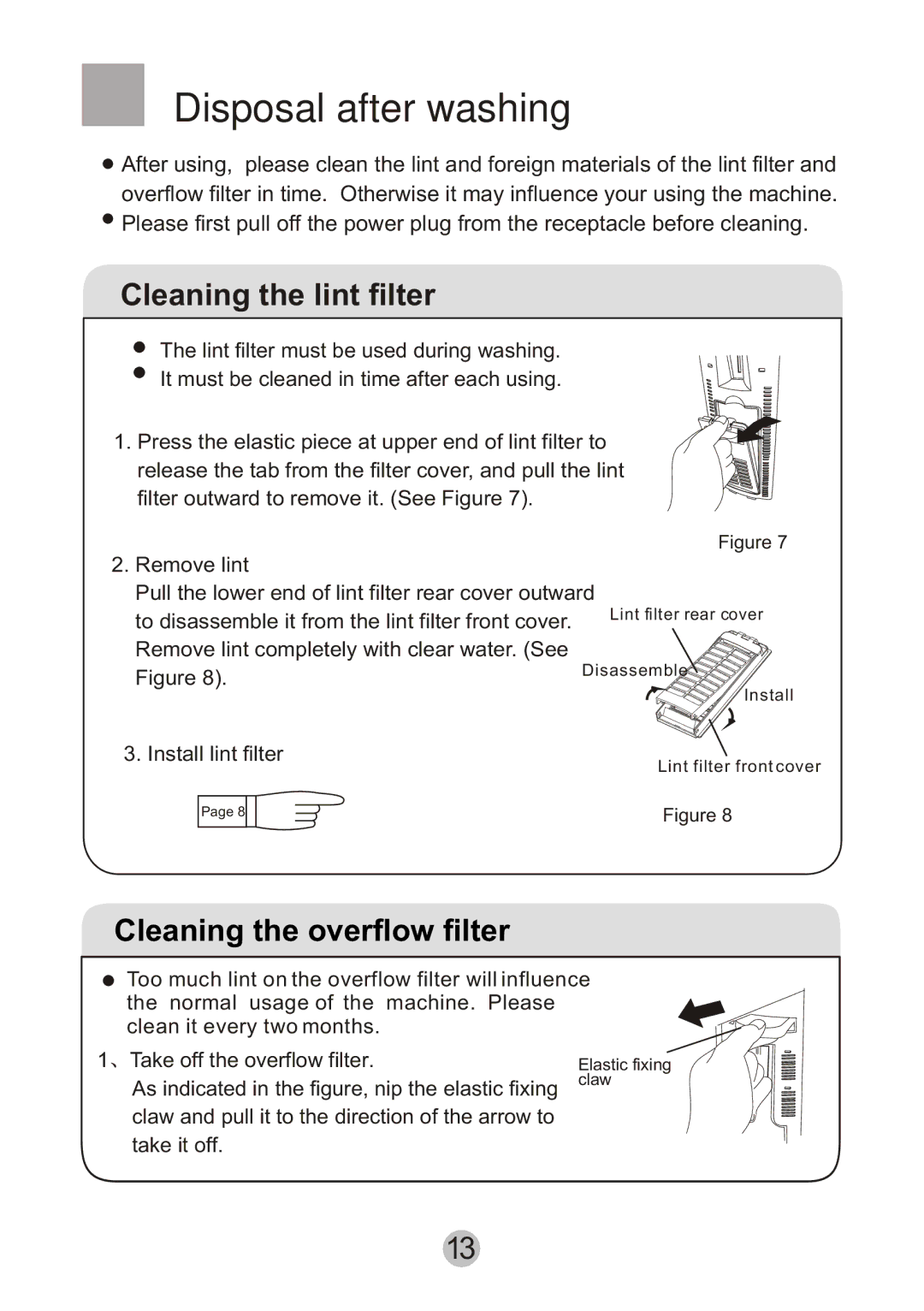 Haier HWM80-0626S user manual Disposal after washing, Cleaning the lint filter, Cleaning the overflow filter 