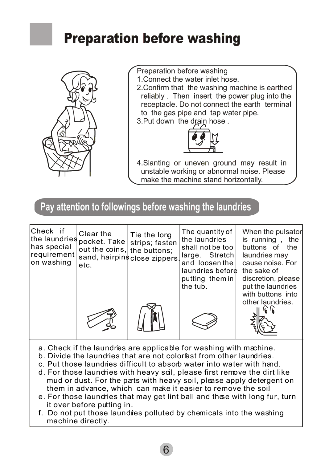 Haier HWM80-0626S user manual Preparation before washing, Pay attention to followings before washing the laundries 