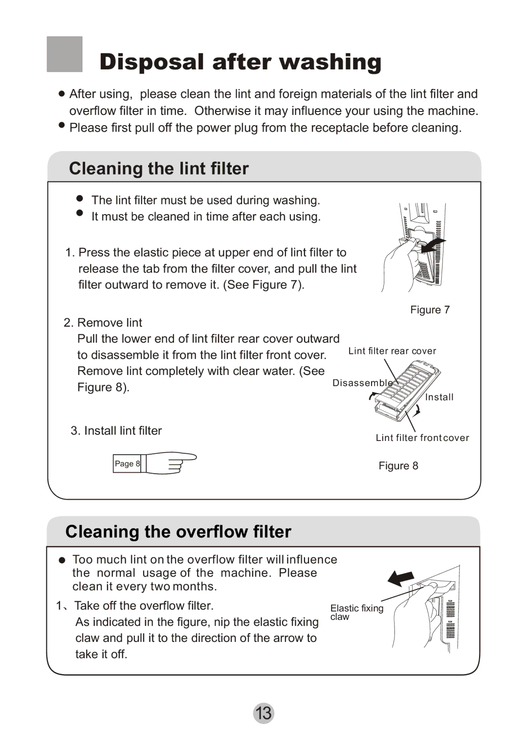 Haier HWM80-0626SH user manual Disposal after washing, Cleaning the lint filter, Cleaning the overflow filter 