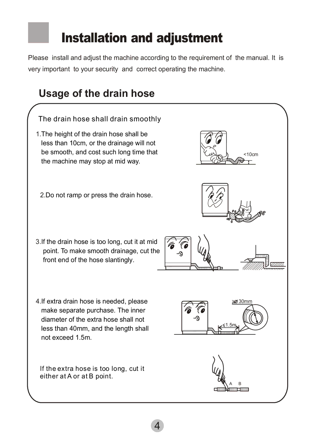 Haier HWM80-0626SH user manual Installation and adjustment, Usage of the drain hose 