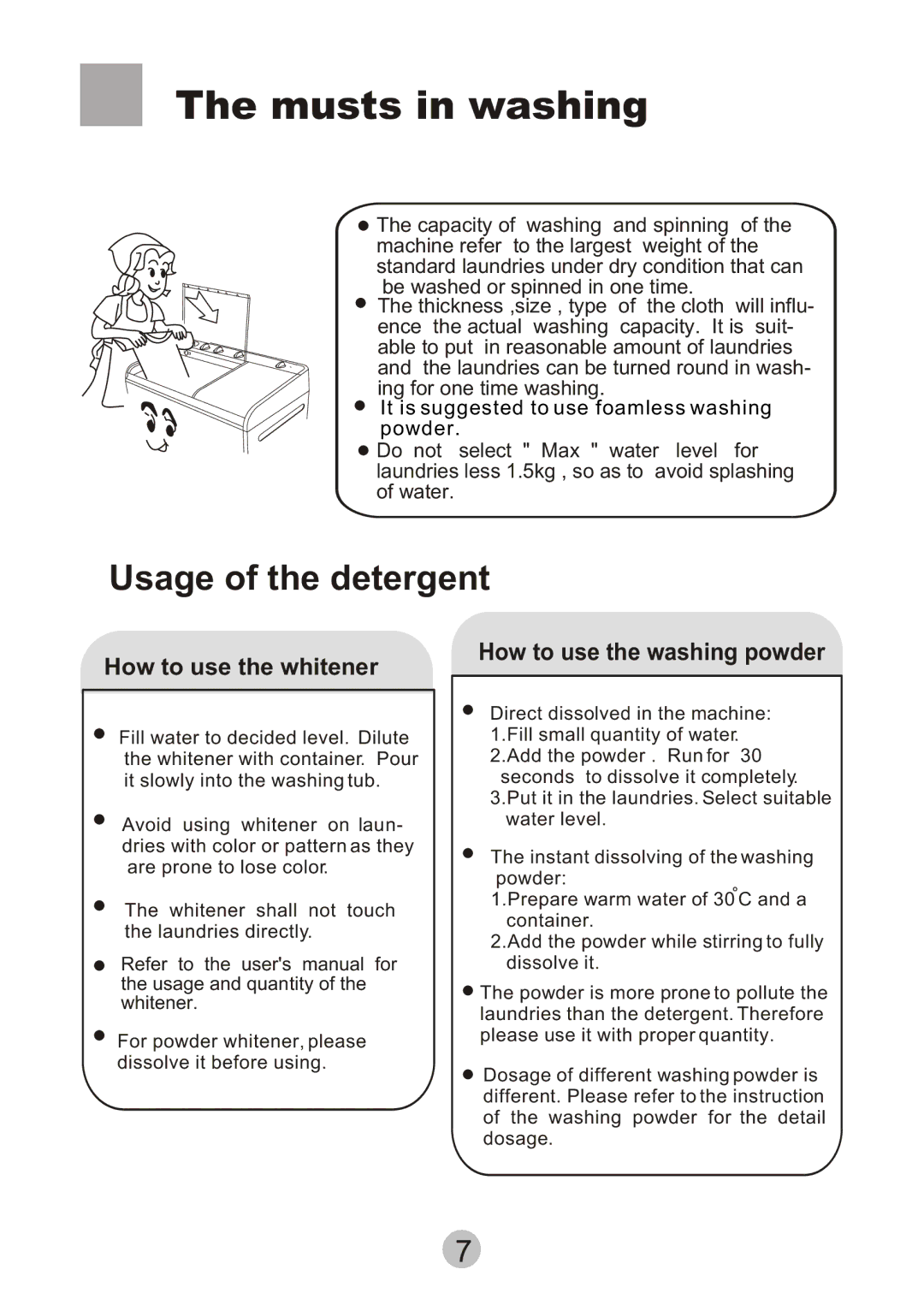 Haier HWM80-0626SH user manual Musts in washing, Usage of the detergent 