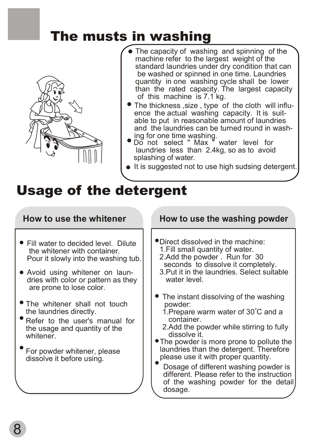 Haier HWM80-113S-Fiji user manual ´ µ Ó Ð ë Ö ª, ´ µ Ó ¼ Á µ Ä Ê ¹ Ó Ã, Musts in washing, Usage of the detergent 