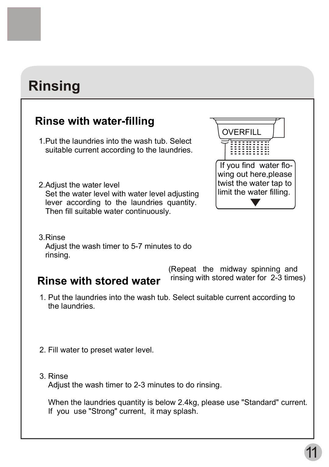 Haier HWM80-113S-Fiji user manual Rinsing, Rinse with water-filling 