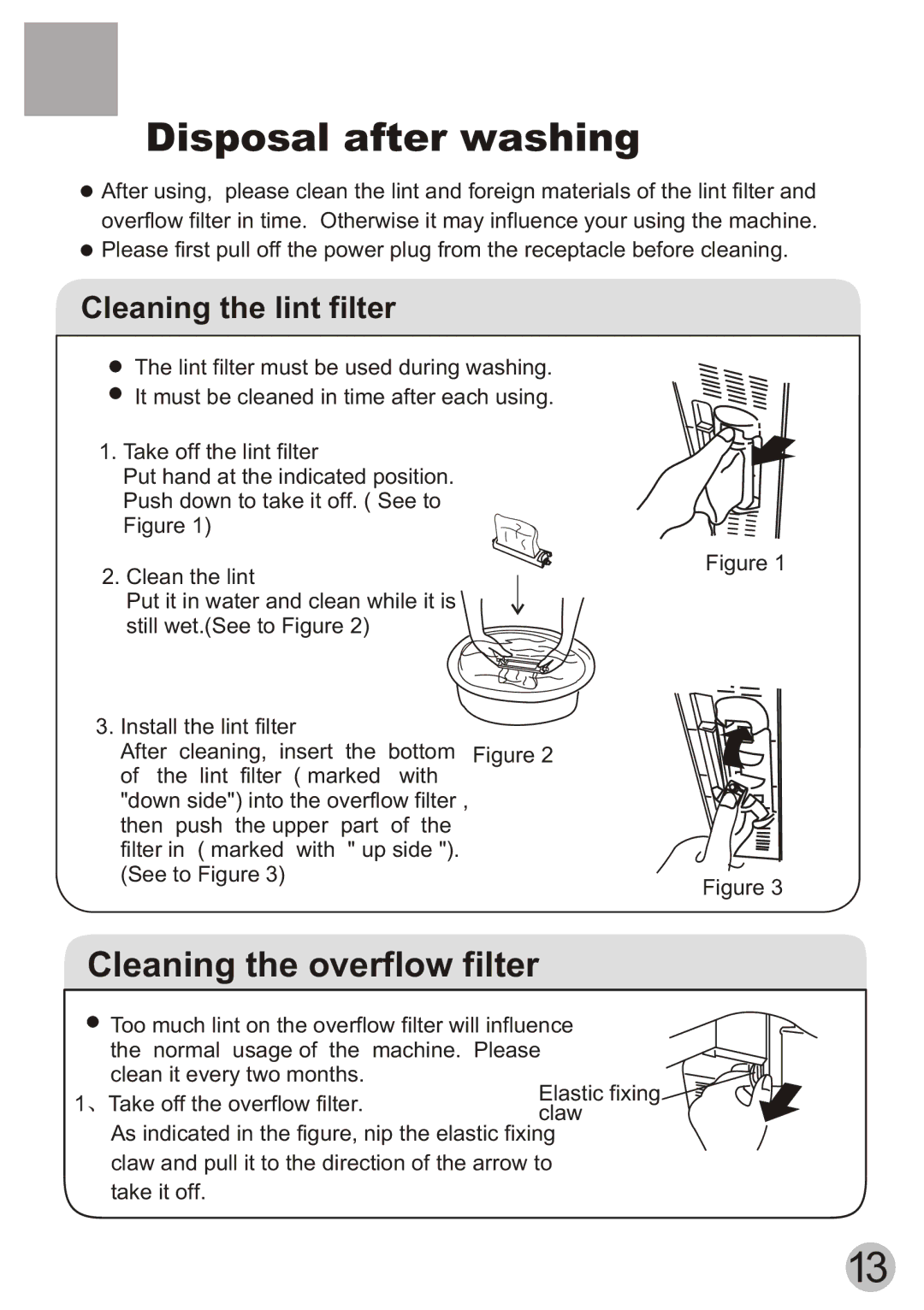 Haier HWM80-113S-Fiji user manual ÏDisposal´ º óafter´ washingÀ í, Cleaning the lint filter 