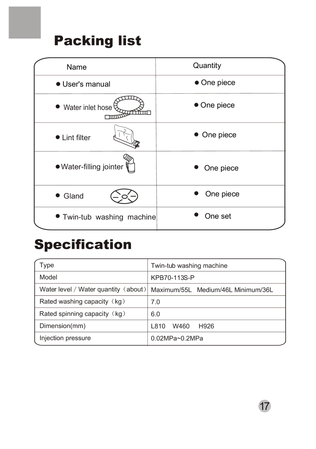 Haier HWM80-113S-Fiji user manual ×Packing Ï älistË µ Ã ÷, Specification 