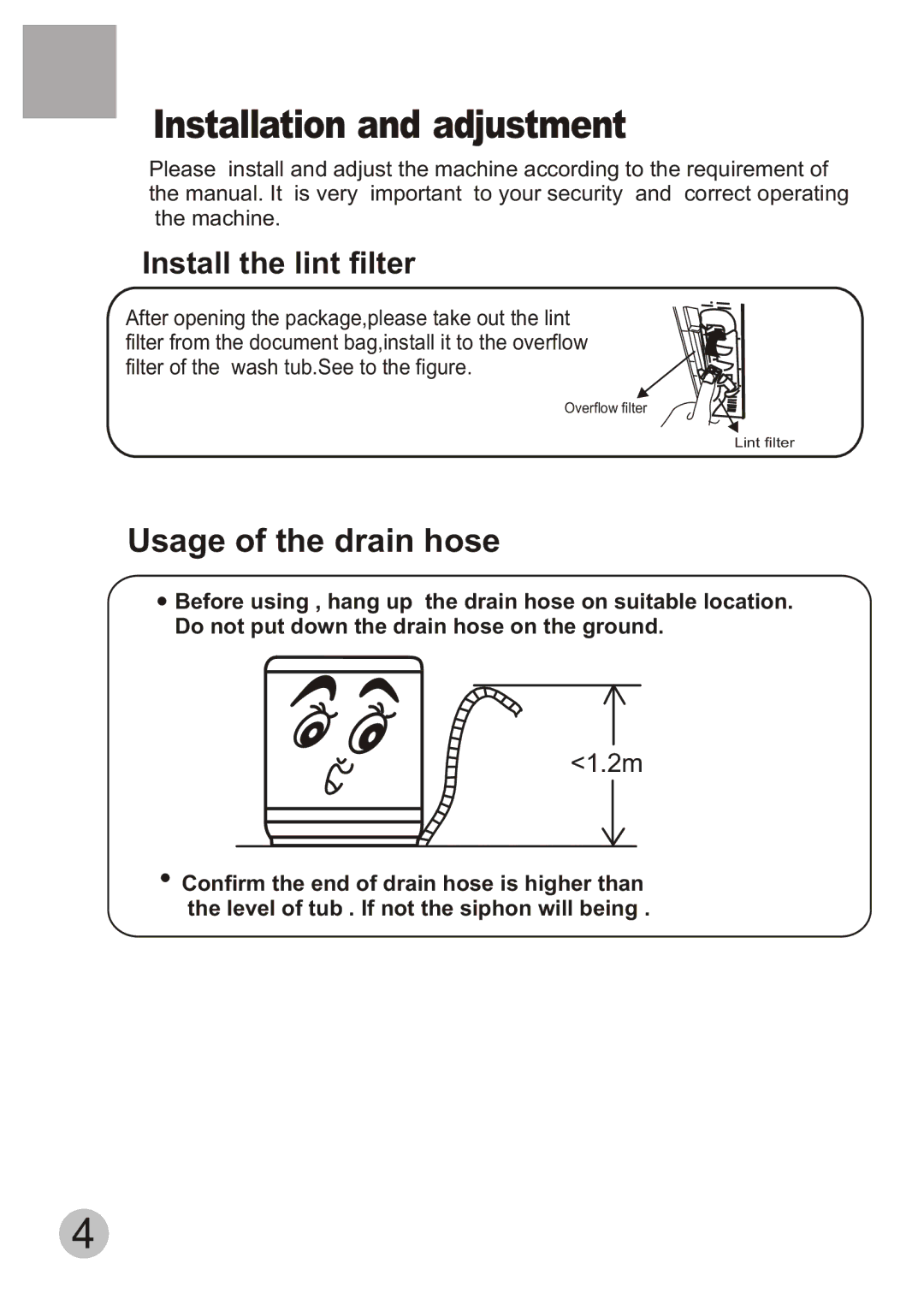 Haier HWM80-113S-Fiji user manual Installation and adjustment, Install the lint filter 