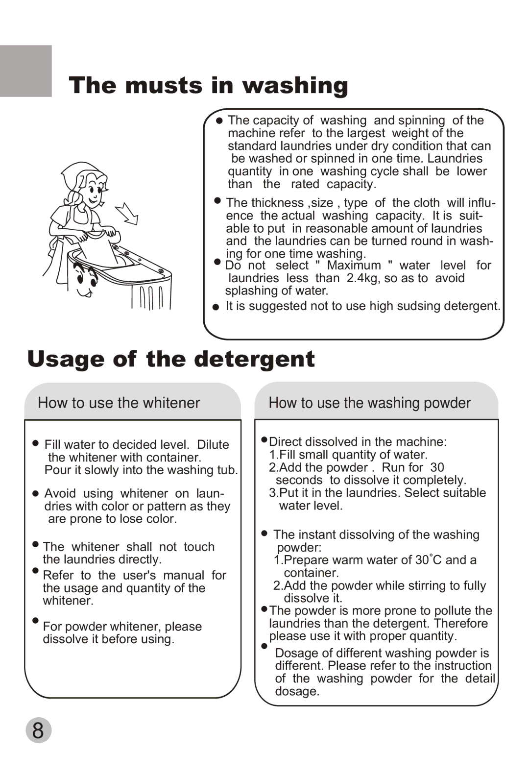 Haier HWM80-113S user manual Musts in washing, Usage of the detergent 