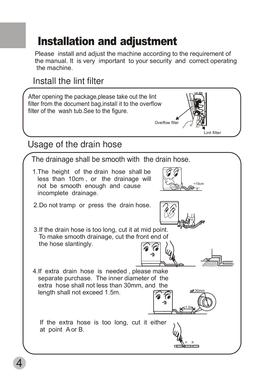 Haier HWM80-113S user manual Installation and adjustment, Install the lint filter 