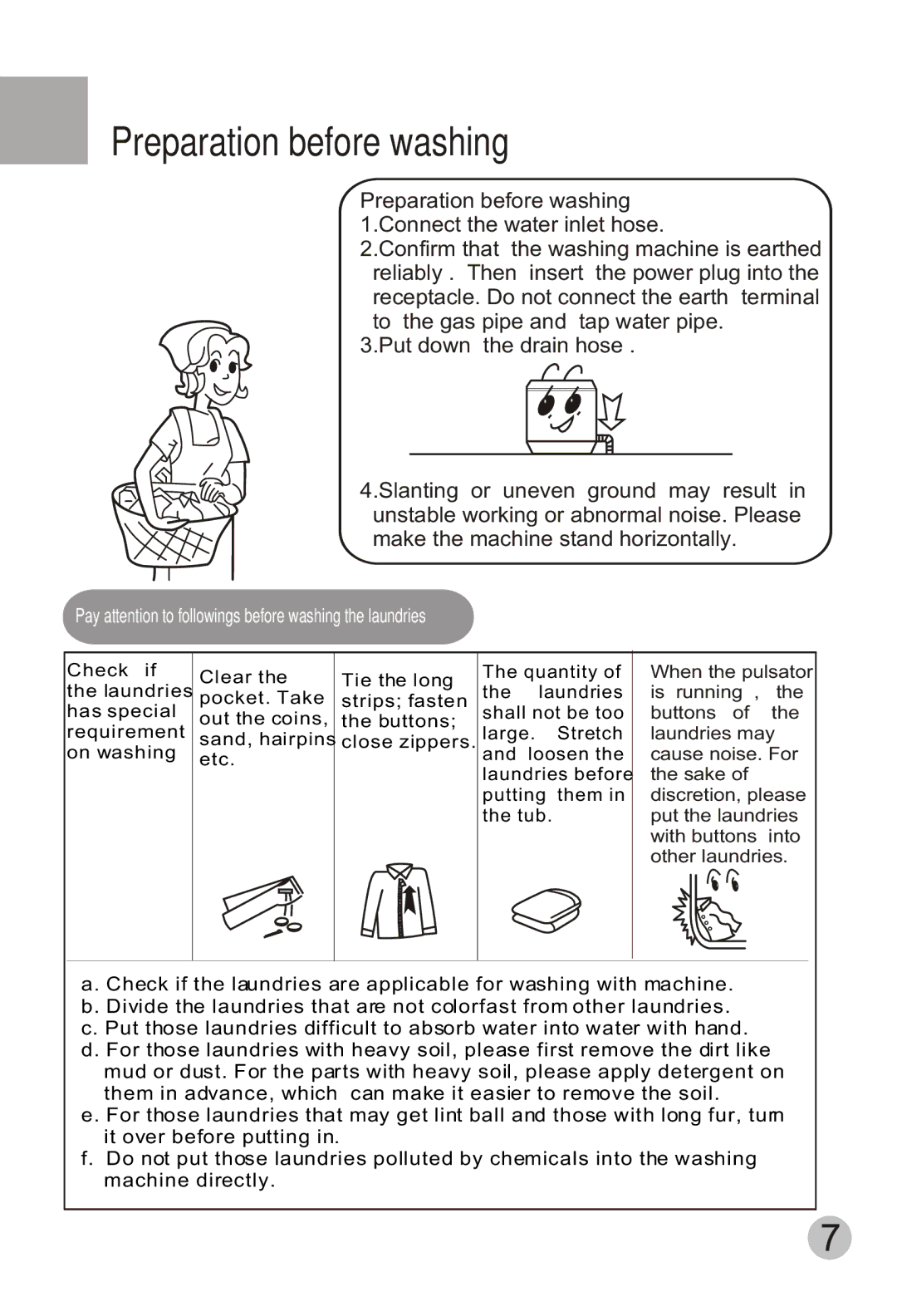 Haier HWM80-113S user manual Preparation before washing, Pay attention to followings before washing the laundries 