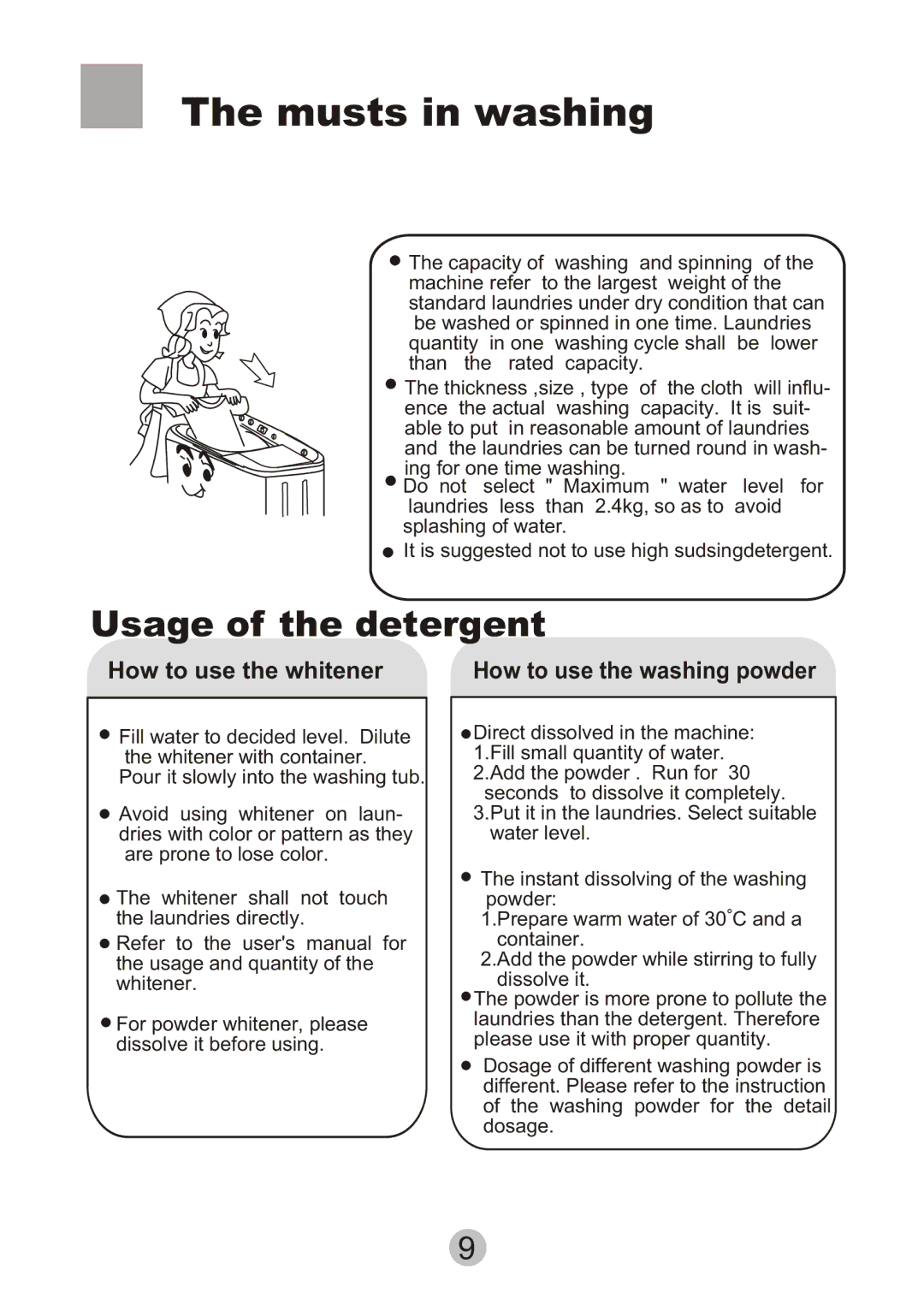 Haier HWM80-27S user manual Musts in washing, Usage of the detergent 