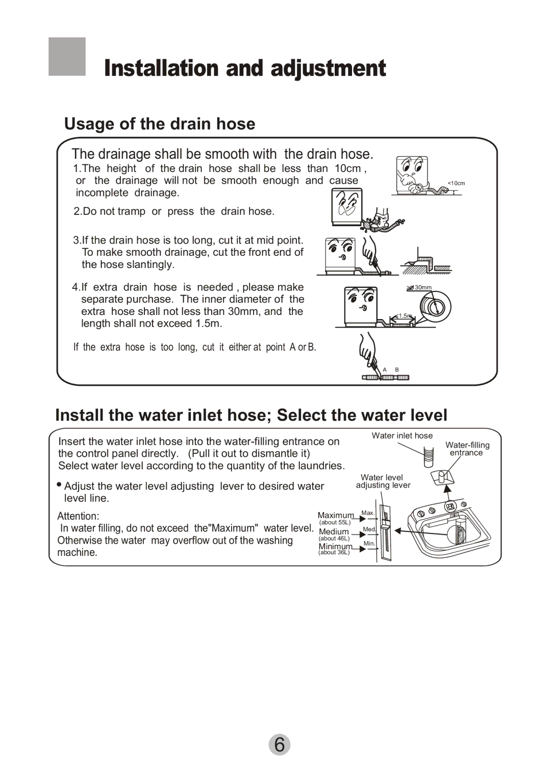 Haier HWM80-27S user manual Installation and adjustment, Usage of the drain hose 