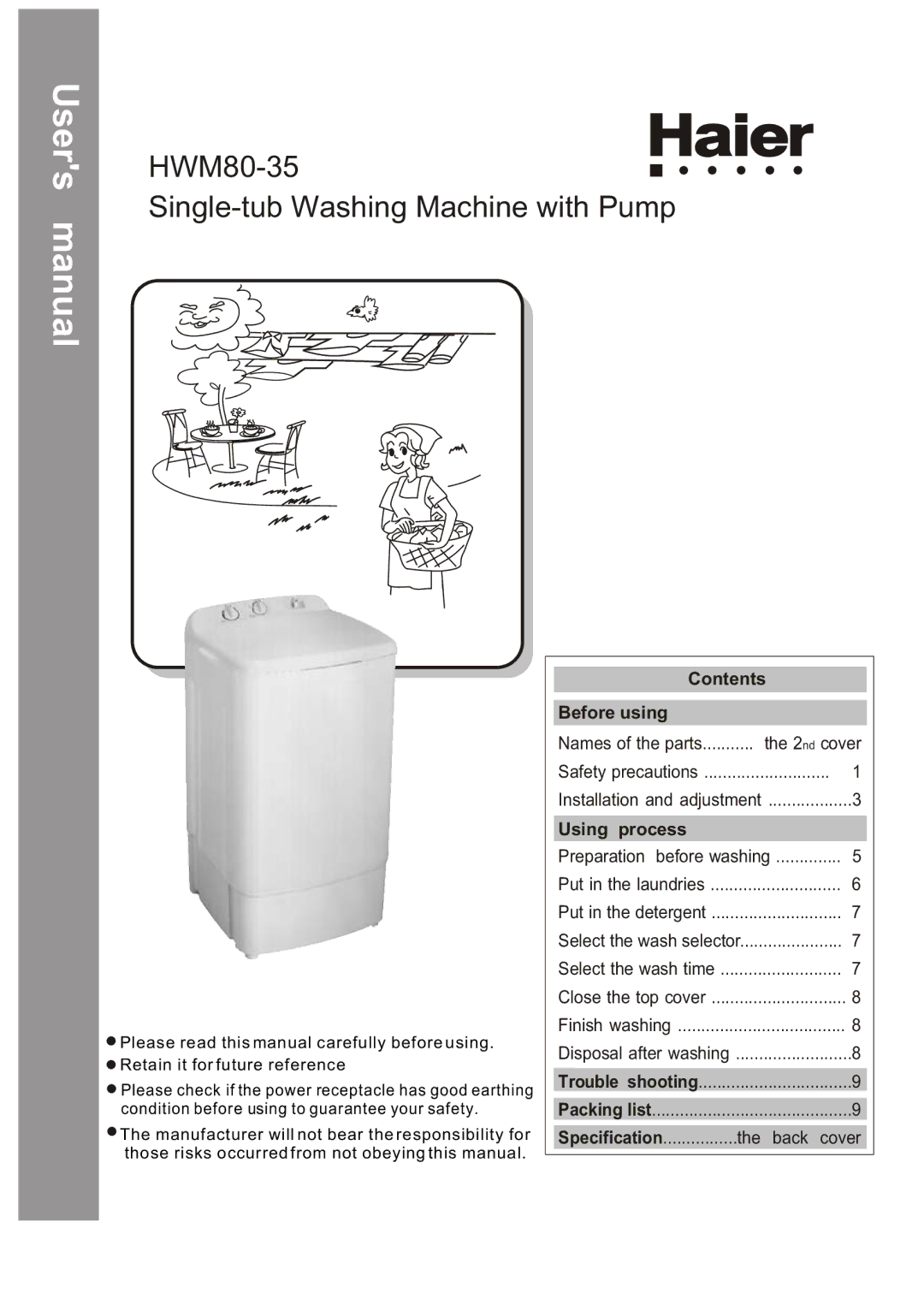 Haier user manual HWM80-35 Single-tub Washing Machine with Pump 