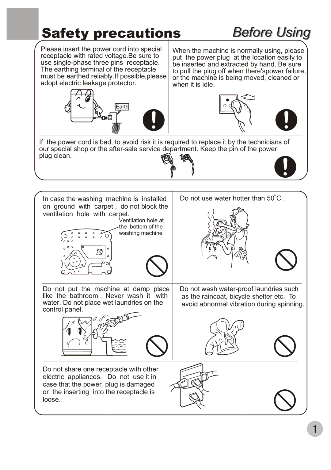 Haier HWM80-35 user manual Safety precautions, Before Using 