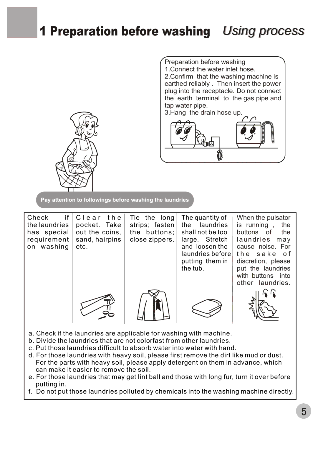 Haier HWM80-35 user manual Preparation before washing Using process 