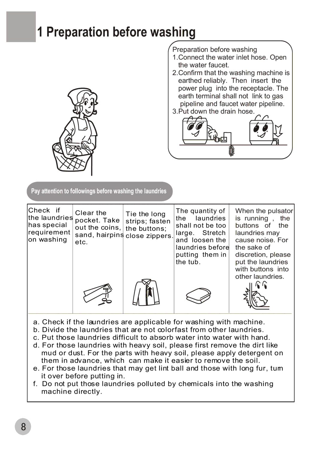 Haier HWM80-68B user manual Preparation before washing, Pay attention to followings before washing the laundries 