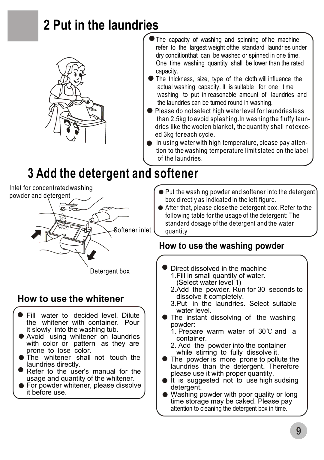 Haier HWM80-68B user manual Put in the laundries, Add the detergent and softener, How to use the whitener 