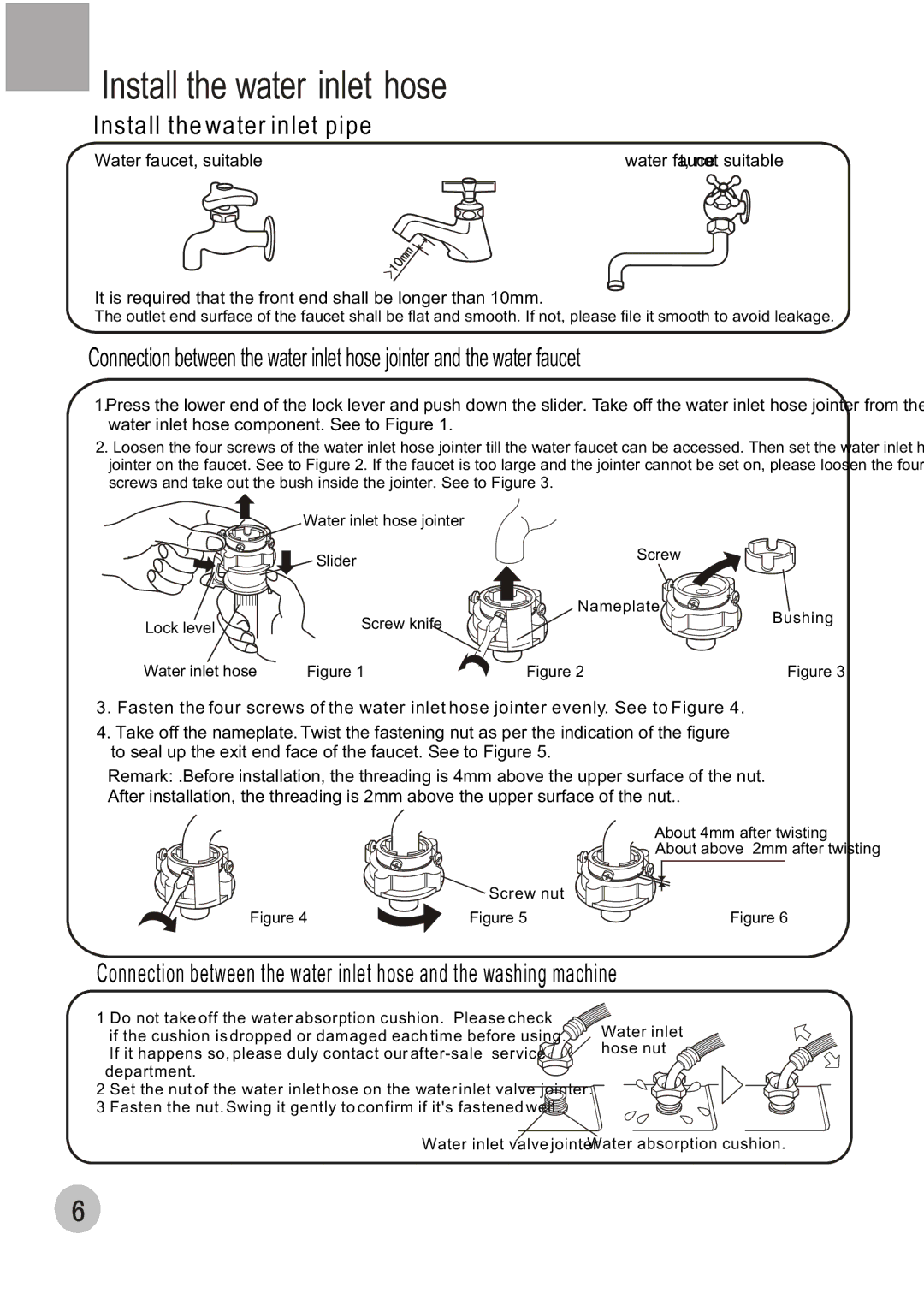 Haier HWM80-68B user manual Install the water inlet hose, Install the water inlet pipe 